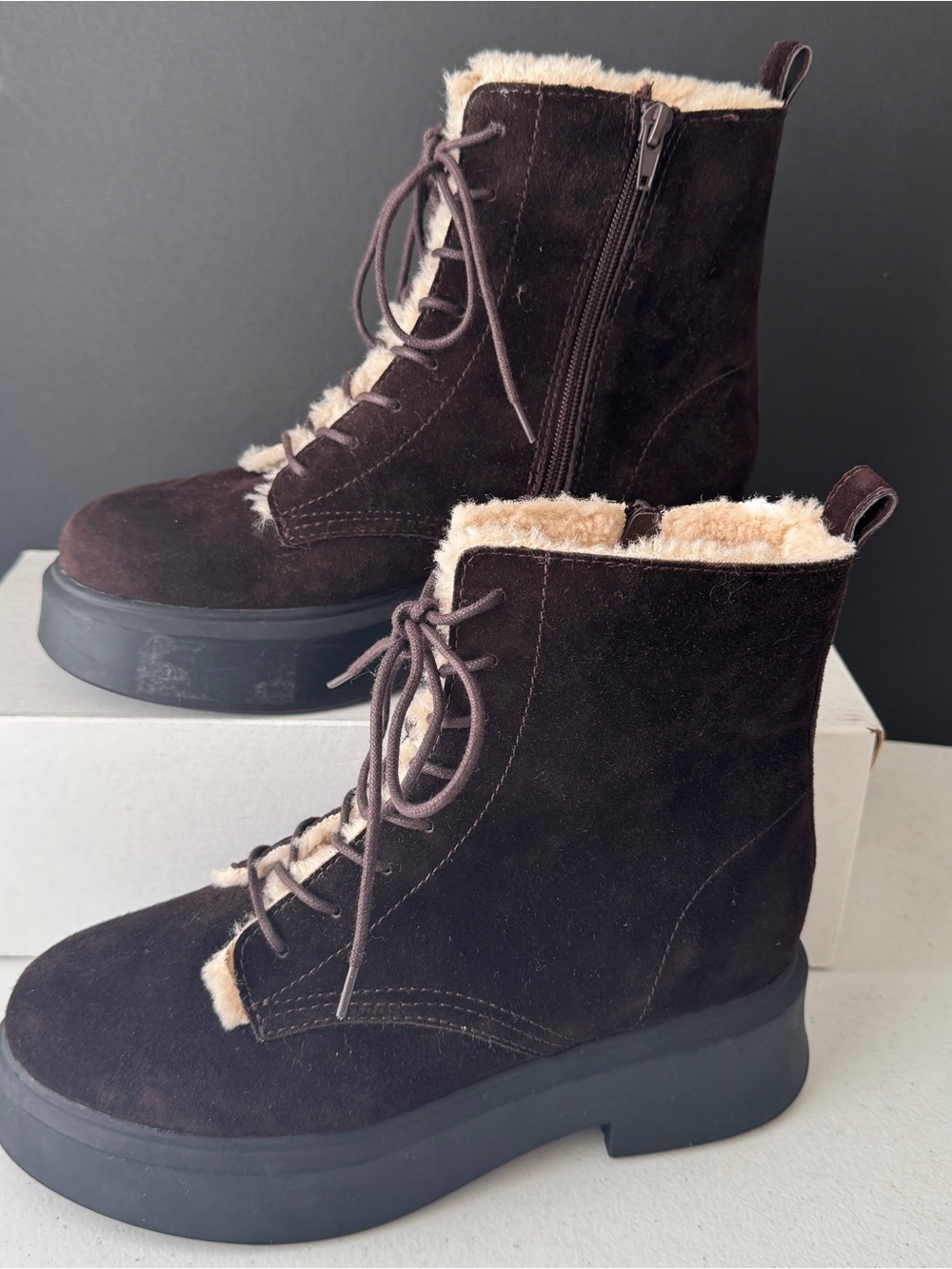 Steve Madden Chocolate Brown Leather Faux Fur Lace-Up Boots Womens Size 9.5